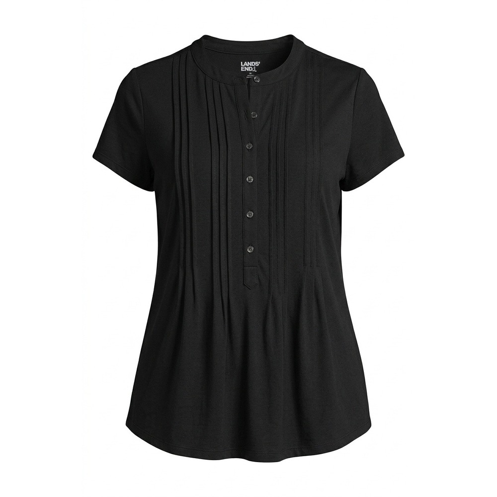 Lands End Black Pintuck Henley Short Sleeve Top 1X 16W-18W New